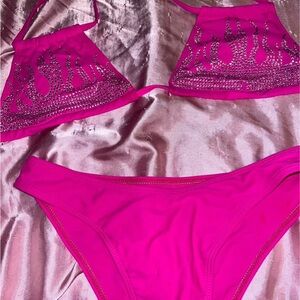 Pink Bikini with Rhinestone Flames